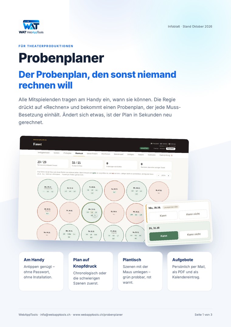 Titelseite des Infoblatts Probenplaner