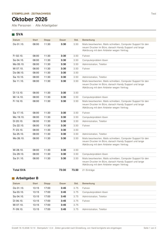 Zeitnachweis Oktober 2026, erste Seite mit den Einträgen für SVA