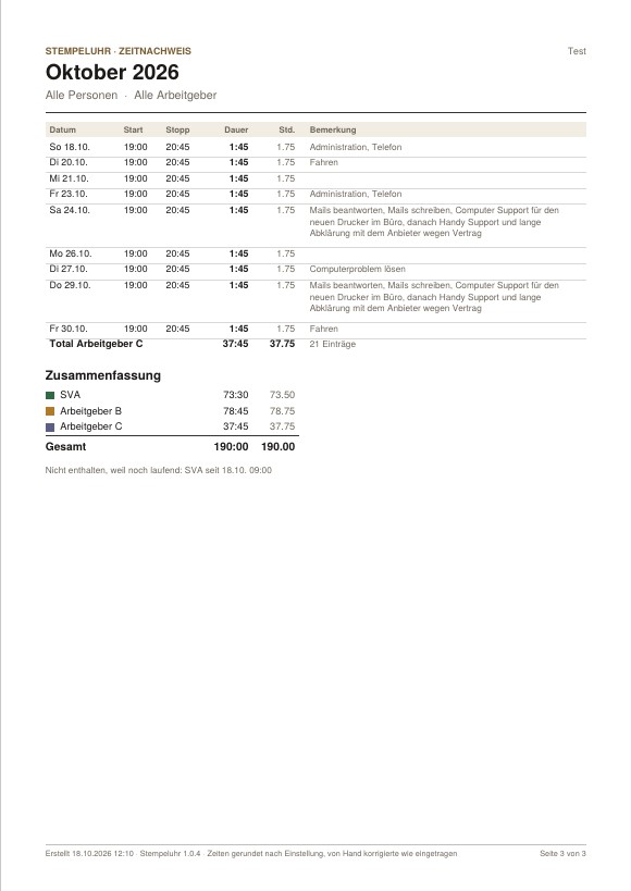 Zeitnachweis, letzte Seite mit Zusammenfassung pro Arbeitgeber