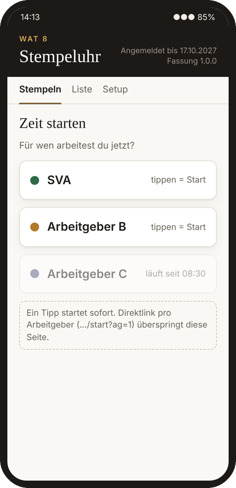 Zeit starten: Auswahl der Arbeitgeber SVA, Arbeitgeber B und Arbeitgeber C