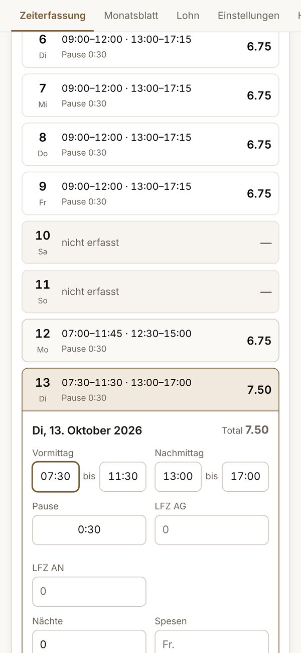 Ein aufgeklappter Tag mit Eingabefeldern für Vormittag, Nachmittag und Pause